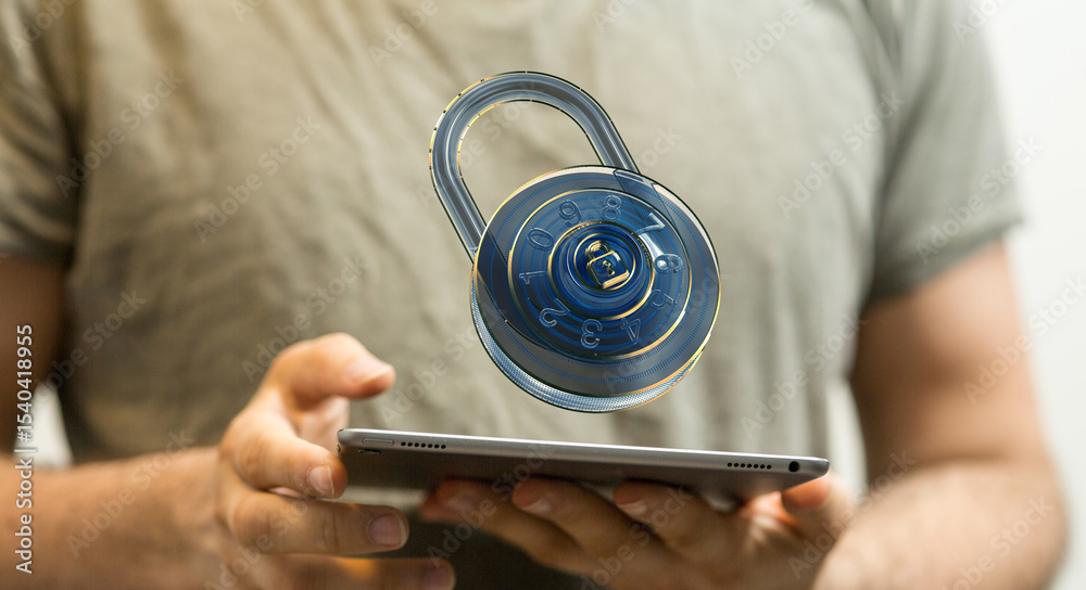 Poster protecting online information. cybersecurity concept. man uses tablet with digital lock.