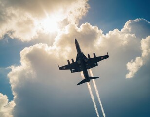 A lone jet plane ascends through a bright, cloudy sky.