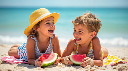Two children laughing while enjoying watermelon on the beach for International Friendship Day  
