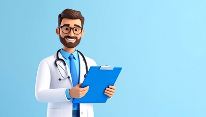 Cartoon doctor character in glasses holding clipboard with blue cover in professional and trustworthy medical setting