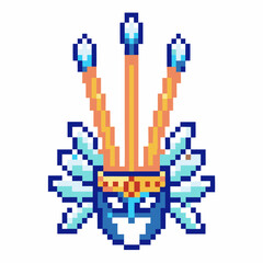 Pixel art tribal mask with feathers and geometric blue, white, and orange patterns ethnic cultural digital illustration