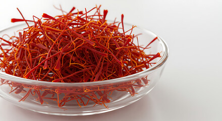 Fototapeta premium Saffron Threads in Glass Dish , Ultra HD Macro Herbal Spice