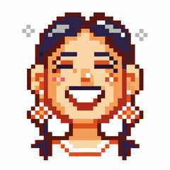 Fototapeta premium Pixel art joyful girl smiling with pigtails, earrings, and flushed cheeks, expressing happiness and positive vibrant emotion