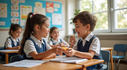 Two young schoolchildren sharing snacks and smiling in classroom for International Friendship Day  