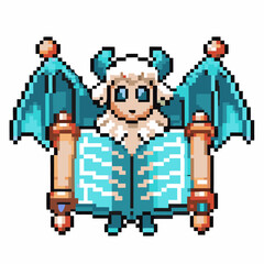 Pixel art fantasy creature with sheep head, blue bat wings, woolly body, and magical book retro game design mascot