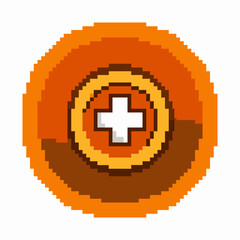 Obraz premium Pixel art health icon with medical cross in orange circular shape, retro 8 bit symbol for video game interface