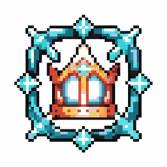 Fototapeta premium Pixel art golden crown surrounded by blue crystalline emblem, retro game icon, digital fantasy royalty symbol