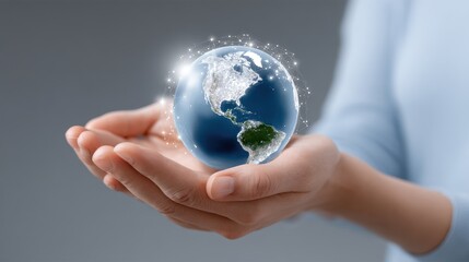 Glowing Digital Earth Held in Hands A Symbol of Global Care