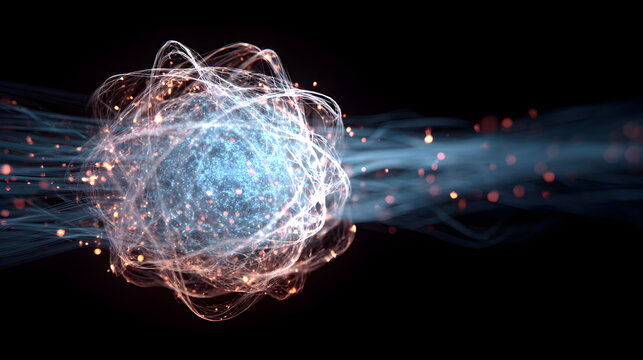 Digital wireframe atomic nucleus with dynamic motion blur