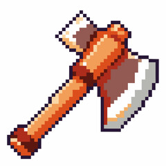 Obraz premium Pixel art battle axe icon retro medieval weapon, digital illustration of sharp double edged blade, wooden handle, fantasy game asset