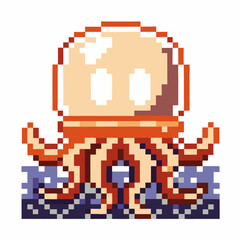 Obraz premium Pixel art octopus with orange head and tentacles, retro digital sea creature icon on white background
