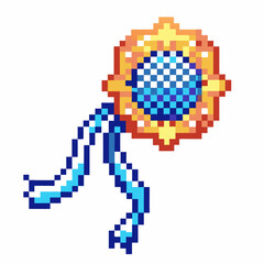 Fototapeta premium Pixel art rosette ribbon with blue center, gold outline, and flowing blue streamers retro award, achievement, digital badge