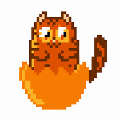 Pixel art orange cat hatching from egg, retro digital illustration cute pet, playful feline character