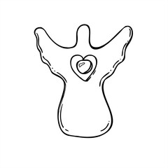 Obraz premium Handcrafted Christmas angel doll with central bell black and white vector illustration. Traditional Xmas wooden element line art sketch for decorations, festive packaging and rustic seasonal posters