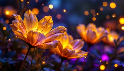 Fototapeta premium Golden flowers with metallic petals and glowing veins, surrounded by floating digital particles and soft neon glows, blending nature and technology .