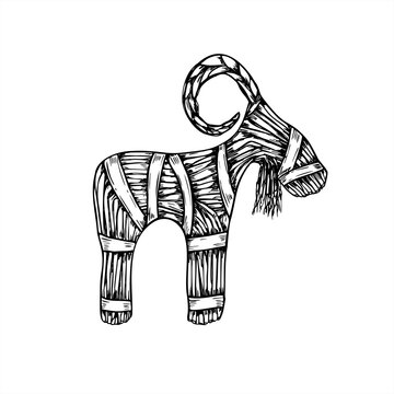 Traditional Scandinavian Yule goat made of straw with ribbons monochrome vector illustration. Julbock line art black ink sketch for Christmas decor, Nordic holiday, folk art, rustic winter packaging.