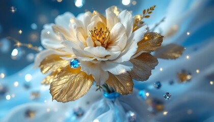 Golden flowers with metallic petals and glowing veins, surrounded by floating digital particles and soft neon glows, blending nature and technology .