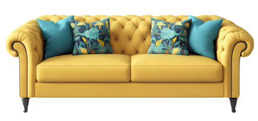 Yellow sofa with turquoise pillows isolated on a transparent background.