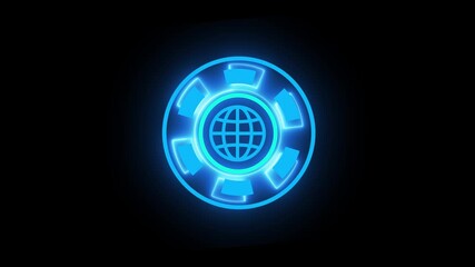 Digital technology isolated illuminated neon world icon and black background. Digital world concept, video motion graphic animation.