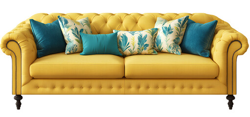 Yellow sofa with turquoise pillows isolated on a transparent background.