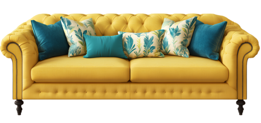 Yellow sofa with turquoise pillows isolated on a transparent background.