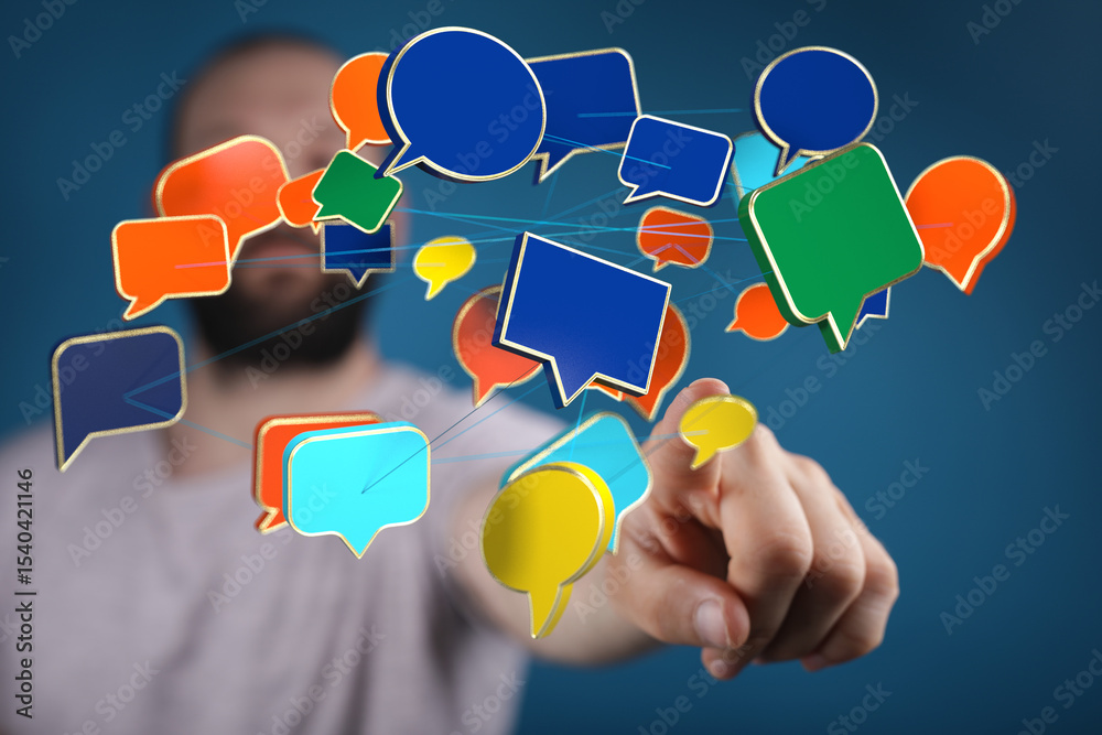 Poster Abstract image of a man interacting with colorful speech bubbles, representing communication and networking.