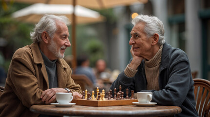 Elderly men playing chess and smiling at each other in outdoor café - Concept of International Friendship Day
