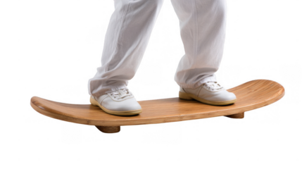 Doctor wearing white uniform pants and shoes is balancing on a wooden wobble board, performing a physical therapy exercise to improve balance and coordination, isolated on transparent background