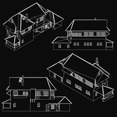 Cottage blueprint on a black background showcases detailed architectural design, including floor plan, dimensions, and structural elements. Perfect for construction projects or real estate.