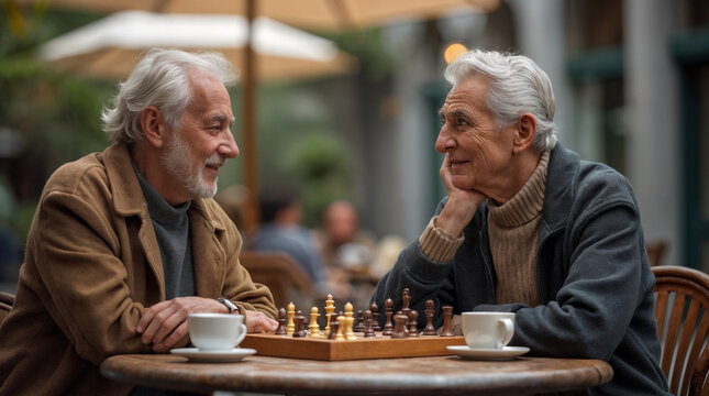 Elderly men playing chess and smiling at each other in outdoor café - Concept of International Friendship Day  
