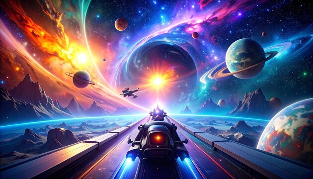 Spaceship journey cosmic landscape.