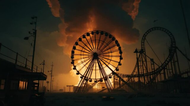 Panoramic View Of Destroyed Amusement Park With Ferris Wheel Under A Dramatic Orange Sky At Sunset