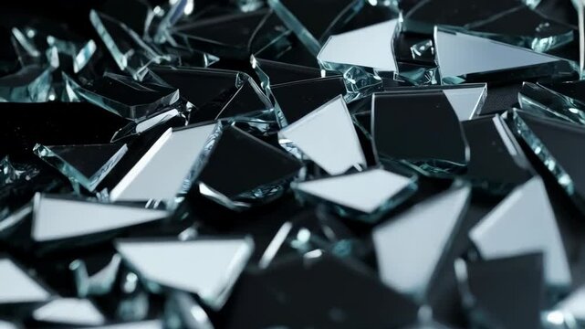 Sharp fragments of reflective shattered mirror glass, scattered abstractly on a dark surface, presenting a modern, broken aesthetic.