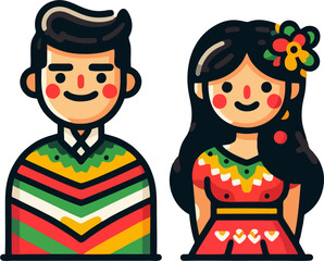 Colorful Cartoon Mexican Couple in Traditional Dress – Flat Style Vector Illustration for Cultural Celebrations