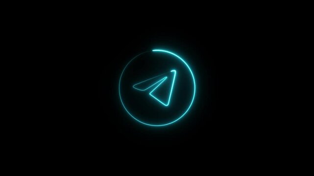 Glowing neon line telegram icon animation isolated on black background