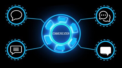 Animation of network of connections with neon icons. Digital interface connection and communication concept. Networking, social media connection concept. - Powered by Adobe