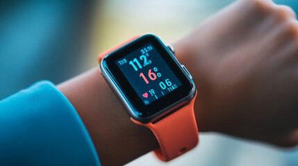 Close-up of a smart watch showing fitness stats