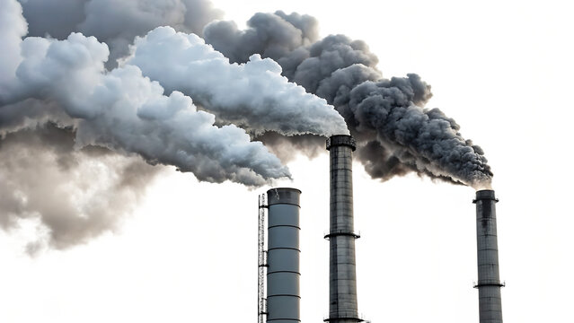 Industrial smokestacks pollution clouds isolated on white background PNG. AI GENERATED