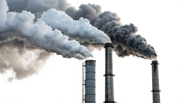 Industrial smokestacks pollution clouds isolated on white background PNG. AI GENERATED