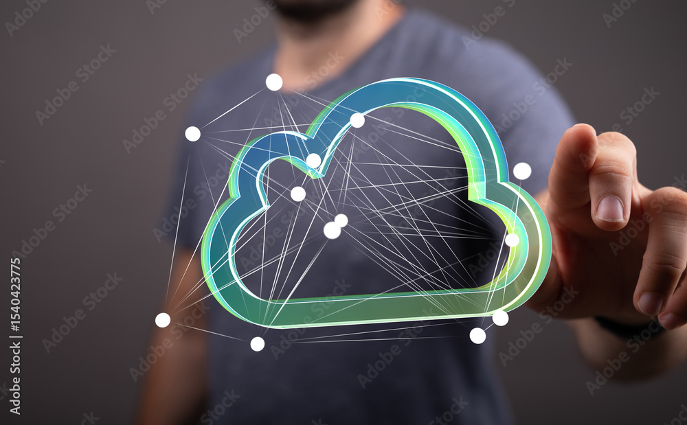 Aufkleber Man interacts with a digital cloud, symbolizing data storage and network technology.