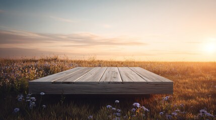 An empty wooden stage at dawn in a field of wildflowers. The hopeful light of dawn on a minimalist stage in nature.