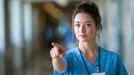 Friendly healthcare worker in blue scrubs pointing forward in a brightly lit hospital corridor, offering guidance and assistance to patients.