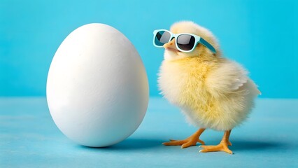 Cute chick in sunglasses next to large egg