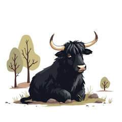 Vsai big black yak relaxing in the meadow near trees