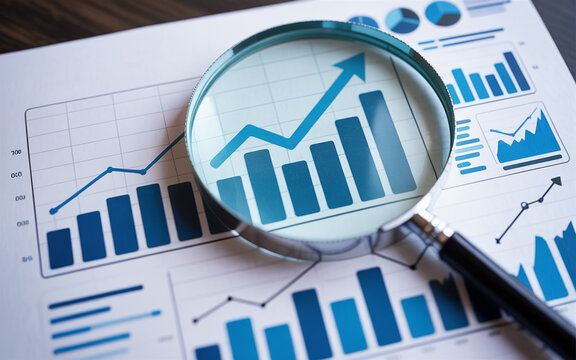 Financial analysis concept featuring a magnifying glass over business charts demonstrating growth and increasing profits visualization.