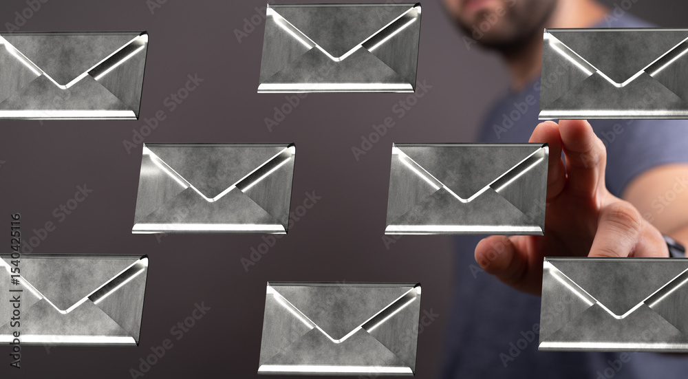 Poster abstract image of a man interacting with digital email icons. concept for communication, technology,