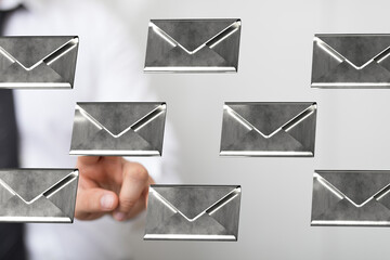 Hand selecting digital email messages,communication, inbox, online correspondence.