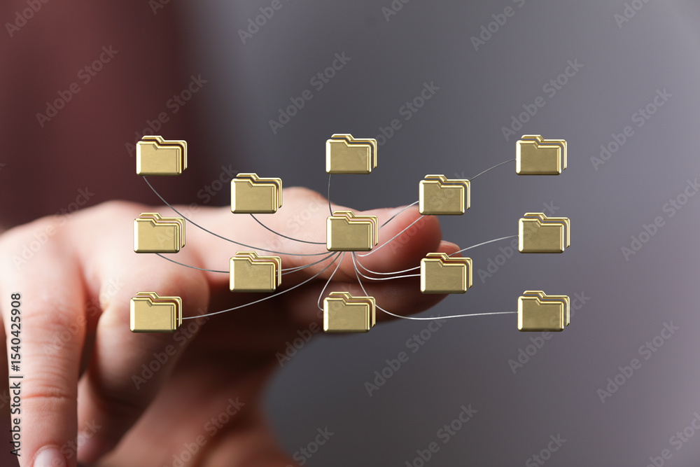 Poster hand interacting with a network of digital folders. illustrates data management, cloud storage, file