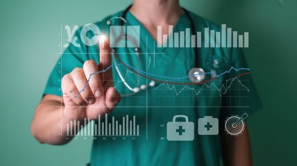 Medical professional interacting with holographic medical data visualizations.