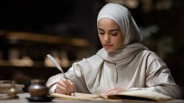 A student diligently practices Arabic in an Islamic calligraphy study session.